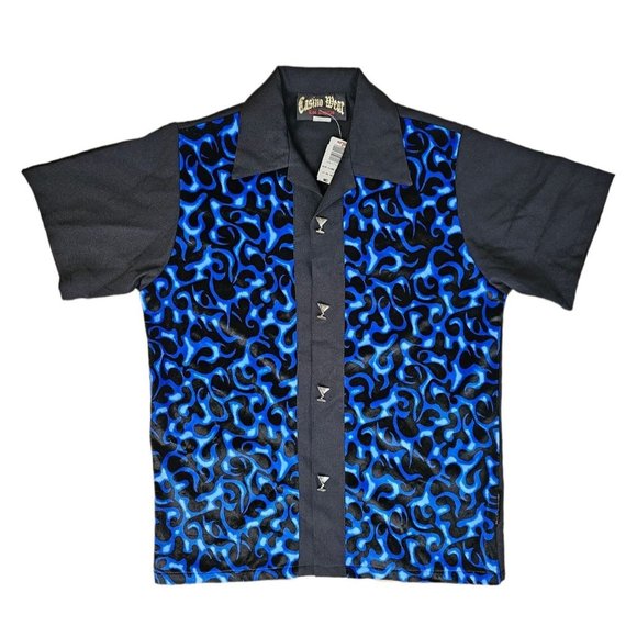 Classic Casino Wear Velour Blue Flame Martini Glass Button Rockabilly Shirt *NEW - Picture 9 of 10